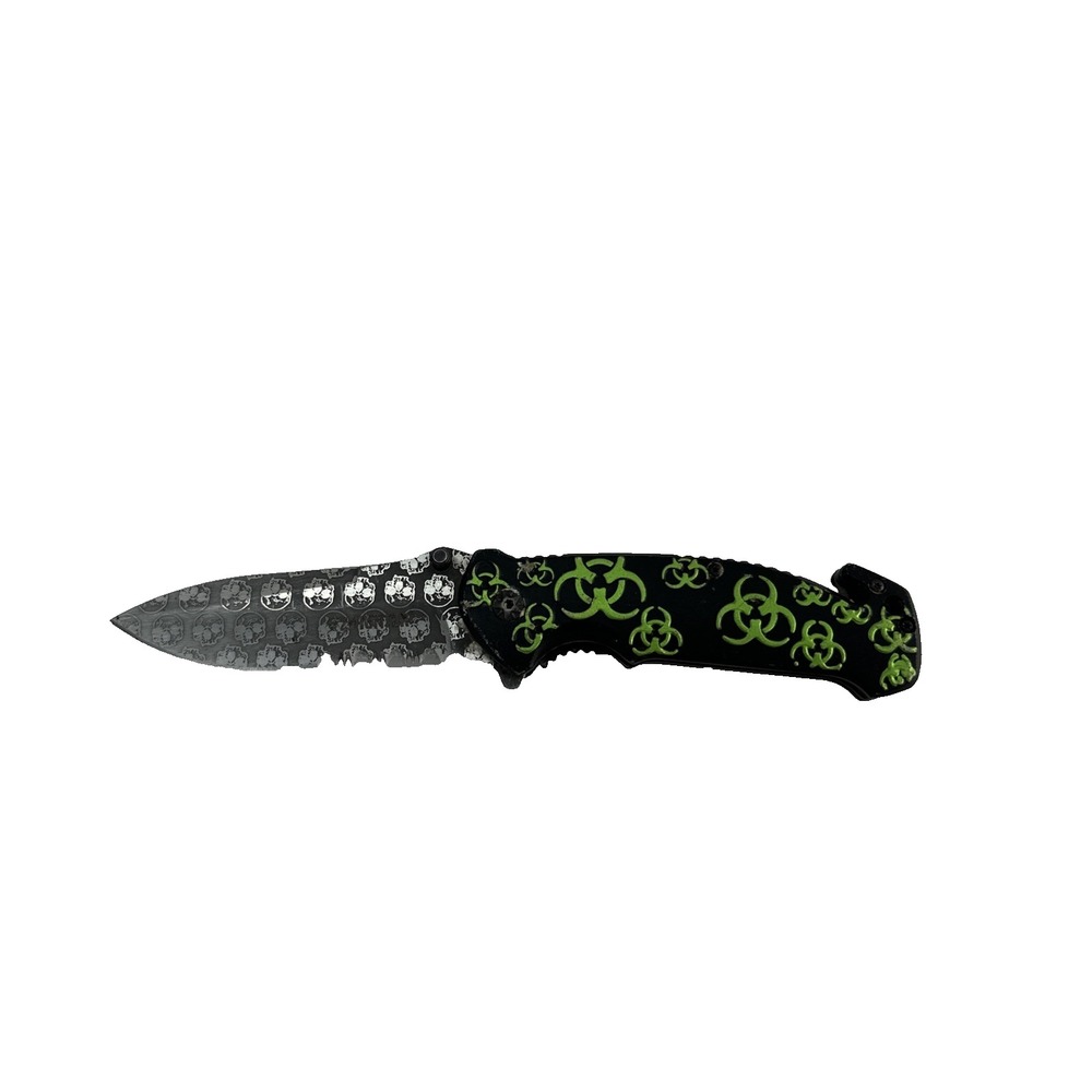 Z-HUNTER SPRING ASSIST KNIFE, BLACK W/ GREEN BIOHAZARD, STONEWASH PLAIN BLADE